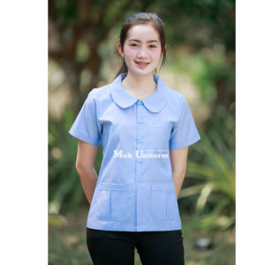 เสื้อกาวน์ size 32-50 คอบัว ฟ้าริ้ว แขนสั้น ไม่มีโลโก้ มุกยูนิฟอร์ม Mukuniform