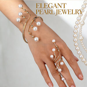 2PCS Women Irregular Geometric Pearl Bracelet and Ring Set Creative Unique Gold Jewelry Accessories
