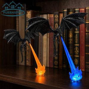 Purrhappy 3D Printed Dragon Book Nook Lamp Fire Breathing Flame Light USB Powered Bookshelf Desk Decor