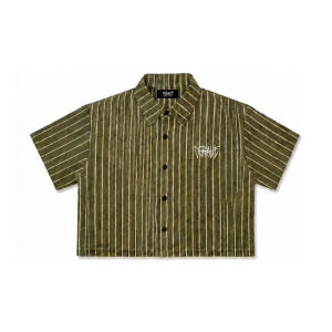 DGRAVE WORDMARK BOXY CROPPED GREEN BUTTON-DOWN STRIPED POLO