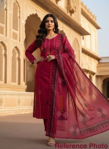 [PRE ORDER - 10 DAYS] Elegant Cherry Pure Cotton Suit with Hand Block Print With Real Mirror Hand Workand 3/4 Sleeves for Festive Wear | Size:- M to 2xl | 400 |