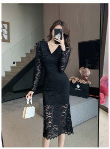 Impression Fashion Store Women Elegant V-neck Stitching Lace Long Sleeve Plain High Waist Bodycon Midi Fishtail Dress