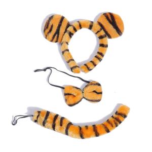 3pieces Plush Tiger Ears Shape Hairhoop Cosplay Tail and Bowtie Suit Headdress Halloween Birthday Party Set for Kids