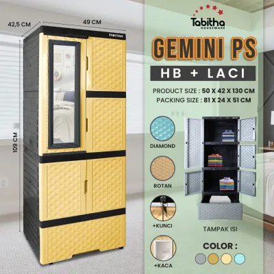 TABITHA Lemari Pakaian Plastik GEMINI Gantung Susun KACA Cermin Kunci Plus Laci