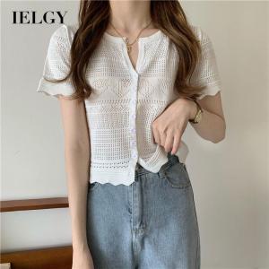 IELGY Áo Thun Dệt Kim Ngắn Tay Thời Trang Thường Ngày Mỏng Khoét Lỗ Cho Nữ