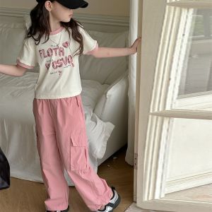 Sweetkids Girls Cargo Suits Summer Fashion Korean Style Cartoon Casual Short-sleeved Pants Two-piece Set For 4-14Y