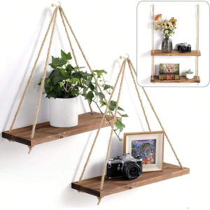 Wooden Swing Hanging Rope Wall Shelve Mounted Floating Home Living Room Plant Flower Pot Tray Storage Garden Decoration