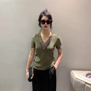 Ammin Áo phông ngắn tay cổ chữ V khâu lưới kim cương thời trang mùa hè 2024 Áo Blouse thanh lịch cỡ lỡn thường ngày Phiên bản hàn quốc nữ