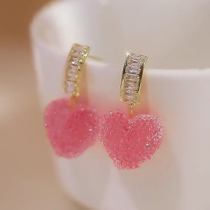 Shining-Love Heart Dangle Drop Earrings Fashion Cute Candy Pink Pendant Rhinestoes Stud Earring Bohemian Decor