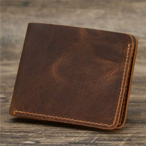 OOG Short Style Men Genuine Leather Wallet Retro Bifold Design Handmade Wallet Vintage Lightweight Card Bag Business