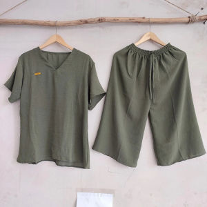 Setelan Crinkle Jumbo Polos dengan Celana Pendek Full Karet - Gaya Korea