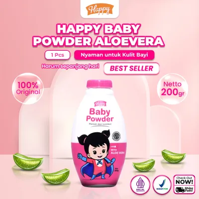 Happy Bedak Bayi Baby Powder Aloe Vera 200gr - Bedak Untuk Perawatan Kulit Bayi | Sudah Halal & BPOM