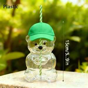 INNEED 2025 Bear Plastic Cup with Lid Large Capacity Glass Cup with Straw Cute Transparent Bear Straw Cup Home Bar