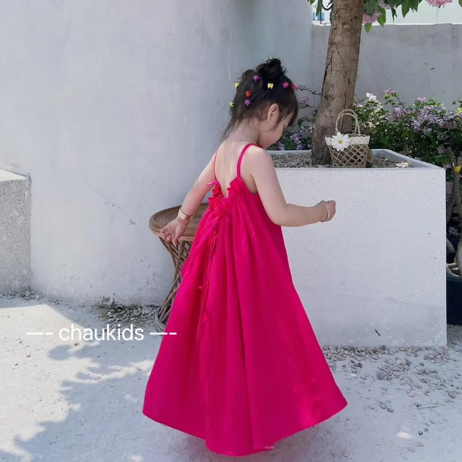 Váy đầm maxi đi biển hoa cam hồng cho bé gái - Tìm Voucher