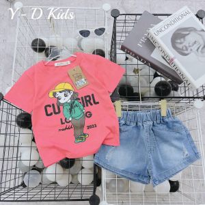 Sét bộ quần jean áo thụn bé gái10kg đến 23kg/ Sét bộ  bé gái 1 tuổi-6 tuổi quần jean đùi mềm mịn co giản kết hợp với áo thun cổ tròn in sắc nét