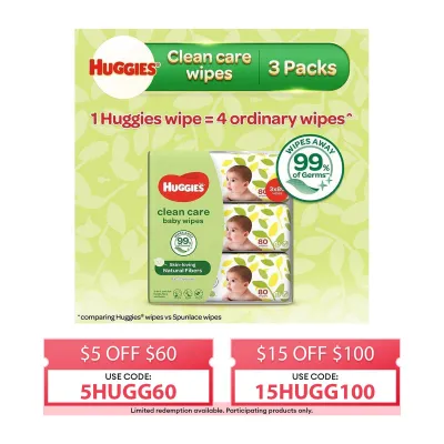 Huggies Clean Care Baby Wipes 3x80s