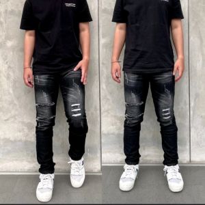 Celana Jeans Panjang Pria Black Letro Whisker Lutut Sobek Slimfit Stretch Korean Style Series
