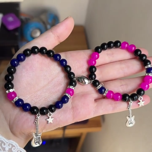 2pcs Guitar Star Pendant Bracelet Magnetic Heart Couple Hip Hop Elastic Beaded Bracelets for Men Women Gift