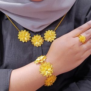 Set Dubai India Terbaru Import Gelang Kendari Bangle+Kalung (Panjang45cm)+Cincin Xuping Besar Bunga Lapis Emas 24k Gold Dubai