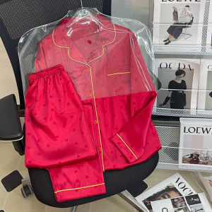 New Red Heart Wedding Pajamas Womens Ice Silk Red Couple Set Spring and Autumn Satin Pjs Soft Thin Nightwear Chinese Red Pajama