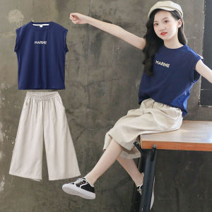 2 Pieces Set Girls Cropped Pants with Sleeveless T-shirt Korean Style Casual Suit Pants with Vest T shirt for Girls Size 110-160