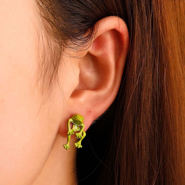 JPTD Cute Green Silver Frog Shape Vintage Ear Jewelry Women Stud ...