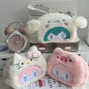 Kawaii Cartoon Plush Hello Kitty Bow Pen Bag Cute Girls Cinnamoroll Pencil Bag Gifts Student School Stationery Supplies