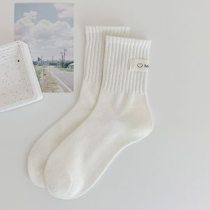 kaos kaki wanita  warna  putih bordir gambar smile panjang tinggi bawah betis bahan katun ankle socks 2325