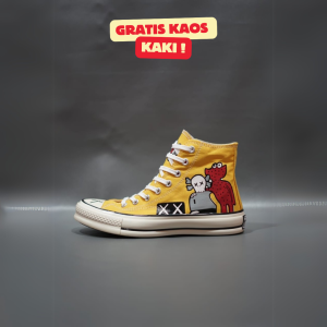 SEPATU CNVRS 70S HIGH X KAWS JILID 1 KUNING MOTIF KARAKTER 36-43 SNEAKERS YELLOW SUN FLOWERS CASUAL