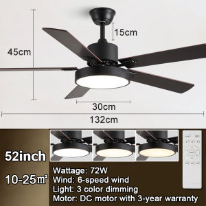 KASIDA 52inch big ceiling fan with light modern ceiling lights with fan 6 gear wind tricolor dimming ceiling fan with led light DC Motor ceiling fan heavy duty ceiling fan with remote for living room dinning room gym office