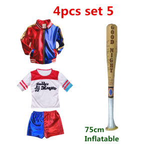 Children Harley Quinn Costume For Kids Girls Cosplay Embroid Suicide Squad Joker Jacket T-shirt Shorts 4Pcs Set