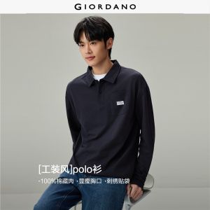 Giordano Beau Monde Men Woven label pocket long sleeve cotton polo shirt Free Shipping 13016615