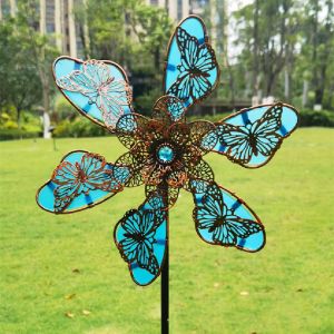 STVML Metal Windmill Spinner Sculpture Rotating Luminous Effect Flower Pinwheel Creative Butterfly Pattern Gardening Plug Courtyard