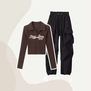 One Set Korean Style 2in1 | Croptop Rib Street Strome + Celana Cargo Highwaist | - KA126