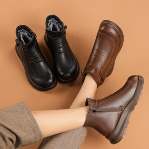 YUAAE Winter Genuine Leather Ankle Boots Handmade Lady Soft Flat Shoes Comfortable Casual Side Zip Short Boots