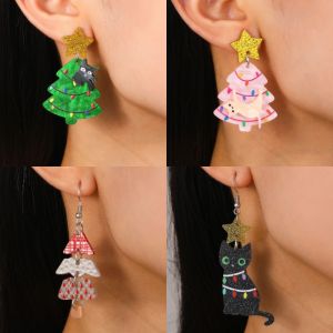 MUSCLEX Chất liệu acrylic. Bông tai hình mèo Phong cách hoạt hình In ấn sống động Bông tai Giáng sinh Tinh tế Hình dáng dễ thương. Bông tai hình ngôi sao. Trang phục nữ