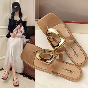 [Free Shipping] 2025 Summer New Square-Toed Womens Fashionable Versatile Metal Buckle Flat Beach Flip-Flops