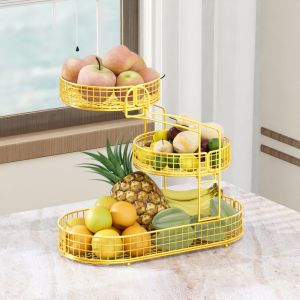 Bright Gold Fruit Rack For Living Room Three-Tier Snack Rack Kitchen Countertop Vegetable Storage Basket