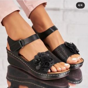 [Free Shipping] Plus Size Womens Summer New Wedge Sandals with Hollow Floral Design Thick Sole Single Strap with Velcro Closure