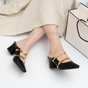 Mules Wanita / Hak 5 cm / Sepatu Sandal Wanita / Heels Wanita Elegan Formal Tali Gold | Sepatu Hak Tahu Pointed AB Collection