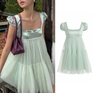 Đầm babydoll dễ thương - Thiết kế dáng ngắn chất Lụa tay phồng bo chun cổ vuông phối lưới bèo tầng