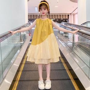 Lsshow summer girls dress new style kids thin fashion color block dress big children summer outfit Girls party red dress
