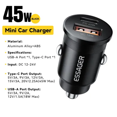 Essager 45W PD Mini Car Charger A+C Dual Port Car Charger For IPhone 16 15 14 13 Huawei P50 Pro Samsung Xiaomi Honor