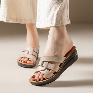 [Free Shipping] Summer Slimming Durable Soft-Soled Sandals For Women Comfortable And Versatile Thick-Soled Slippers For Outdoor Wear Height-Increasing Leather Slippers With A Wedge Heel