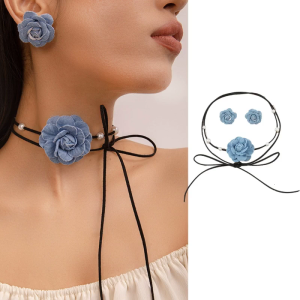 Big Flower Necklace Choker Earrings Set Retro Lace Up Rope Flower Clavicle Chain Necklace Fashion Romantic Gift