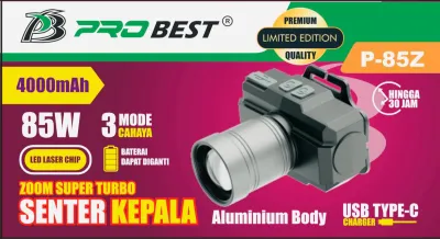 Win Grosir - Senter Kepala Zoom Super Turbo 85W 115W 120W 150W 180W USB Type C Charger Probest P-85Z P-115Z P-120Z P-150Z P-180Z Cahaya Putih 3 Mode Cahaya atau 4 Mode Cahaya Headlamp