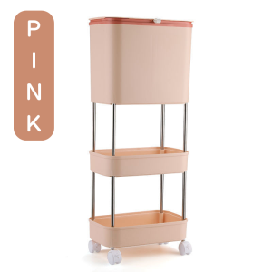 ถังขยะสองช่อง ถังขยะพลาสติก ถังขยะพร้อมชั้นวางของ สำหรับห้องครัว มีฝาปิด พร้อมล้อเลื่อน