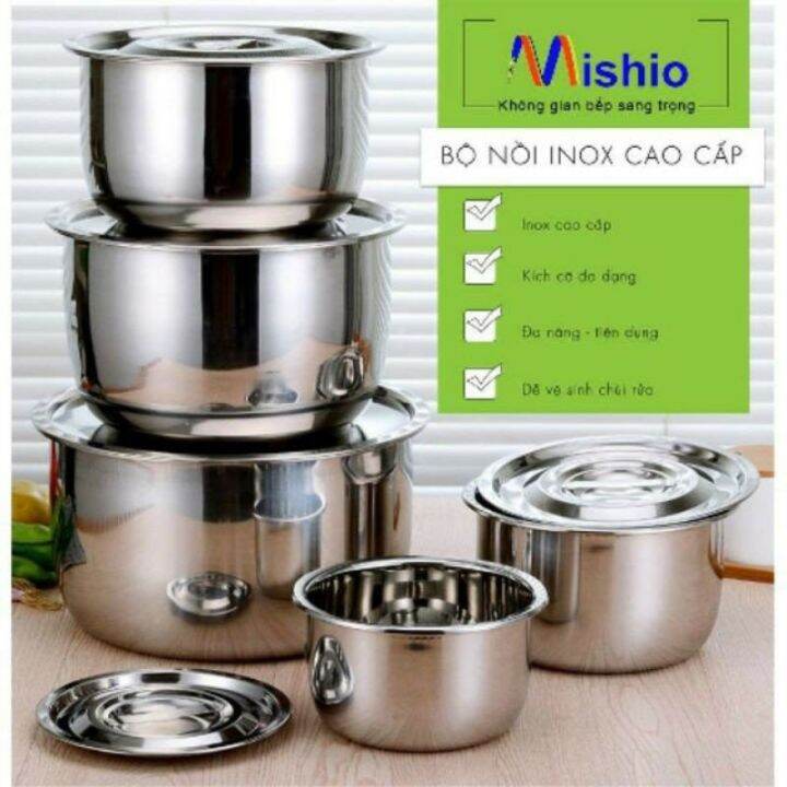 Bộ 5 Nồi Inox Cao Cấp Có Nắp Đậy Nhiều Kích Thước Tiện Lợi Nấu Nhiều ...