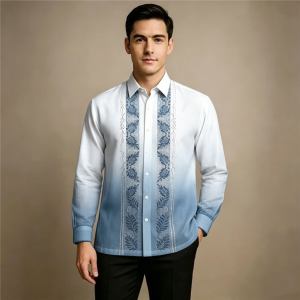 Men Elegant Barong Tagalog Long Sleeve Shirt Classic Floral Scroll Print Lapel Button Up Daily Casual Formal Top