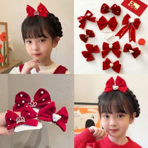 HUIHEYU Rabbit Children Red Bow Hairpin Crown Plush Chinese New Year Headwear All-match Pearl Ancient Style Hairpin Children